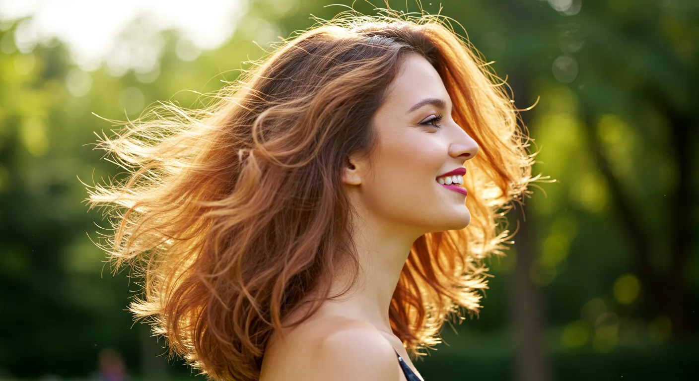 Smiling woman with flowing hair