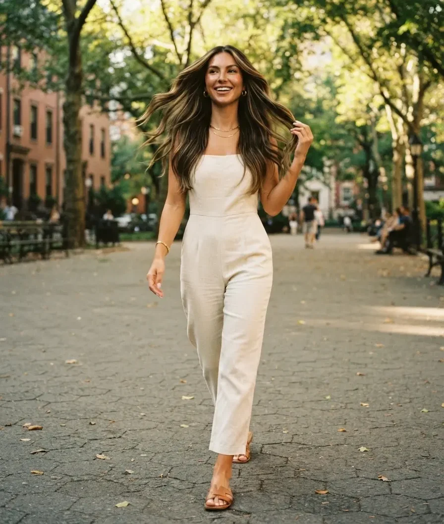 Woman walking outdoors with her new hair extensions.